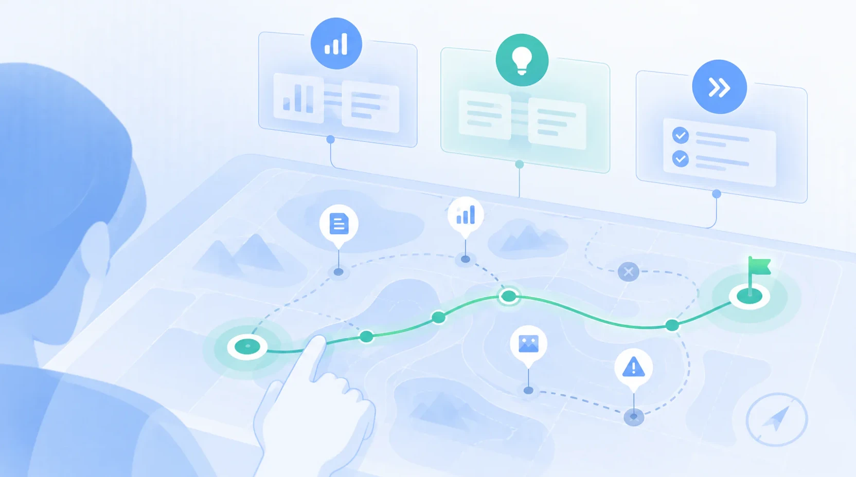 Ilustración conceptual de un mapa de rutas y señales que ayuda a orientar decisiones de UX.