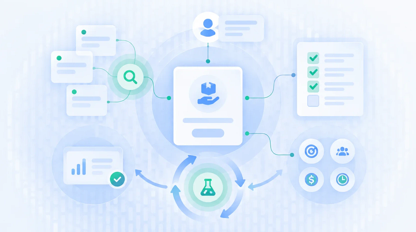 Ilustración conceptual de un flujo de trabajo para tomar decisiones de UX a partir de pasos analíticos y evidencia suficiente.