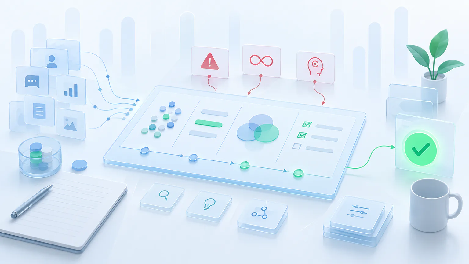 Escena conceptual de análisis UX donde distintas evidencias, preguntas y riesgos se organizan antes de tomar una decisión.