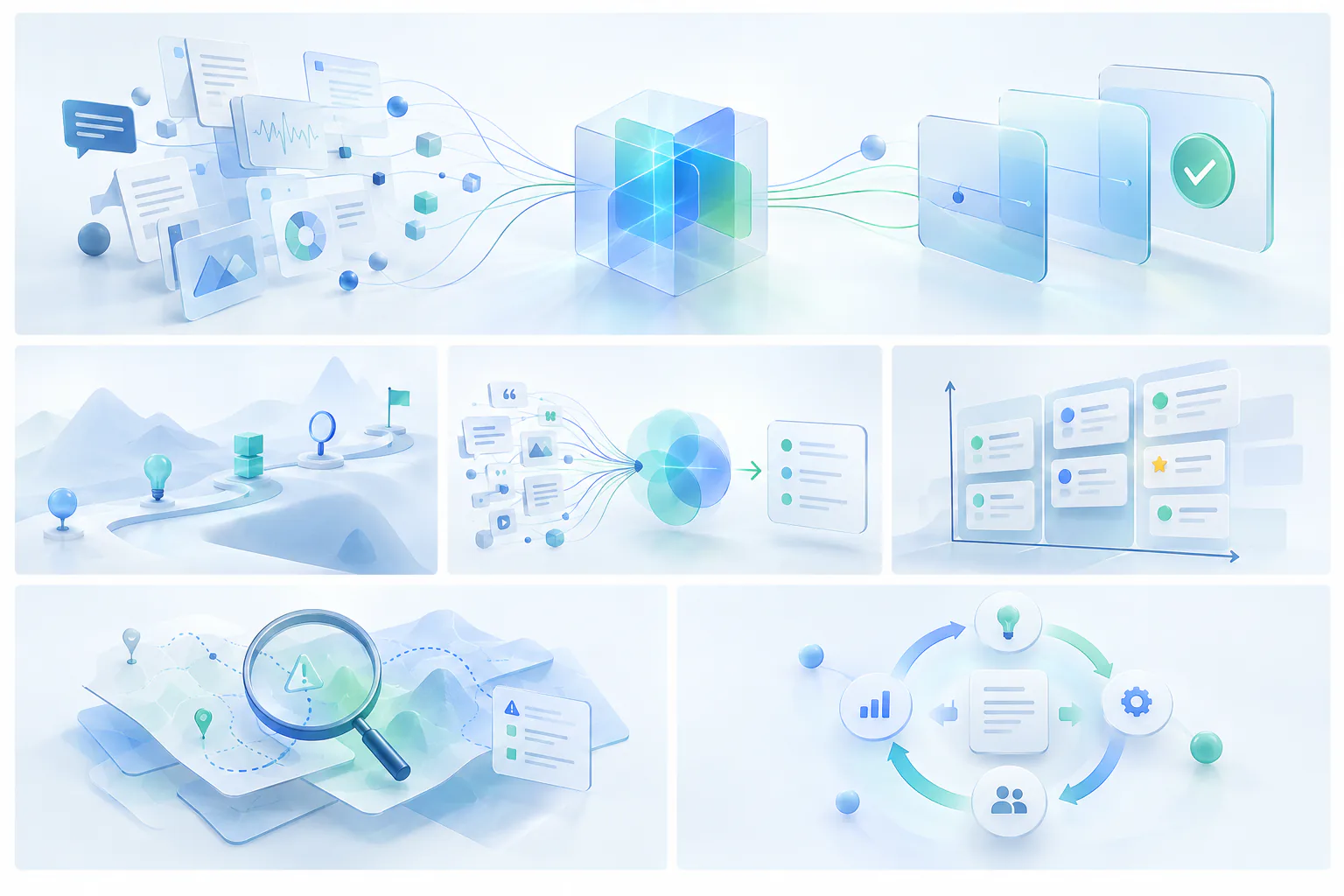 Conjunto de escenas conceptuales que representan diferentes formas de analizar, comparar, validar e iterar decisiones de UX.