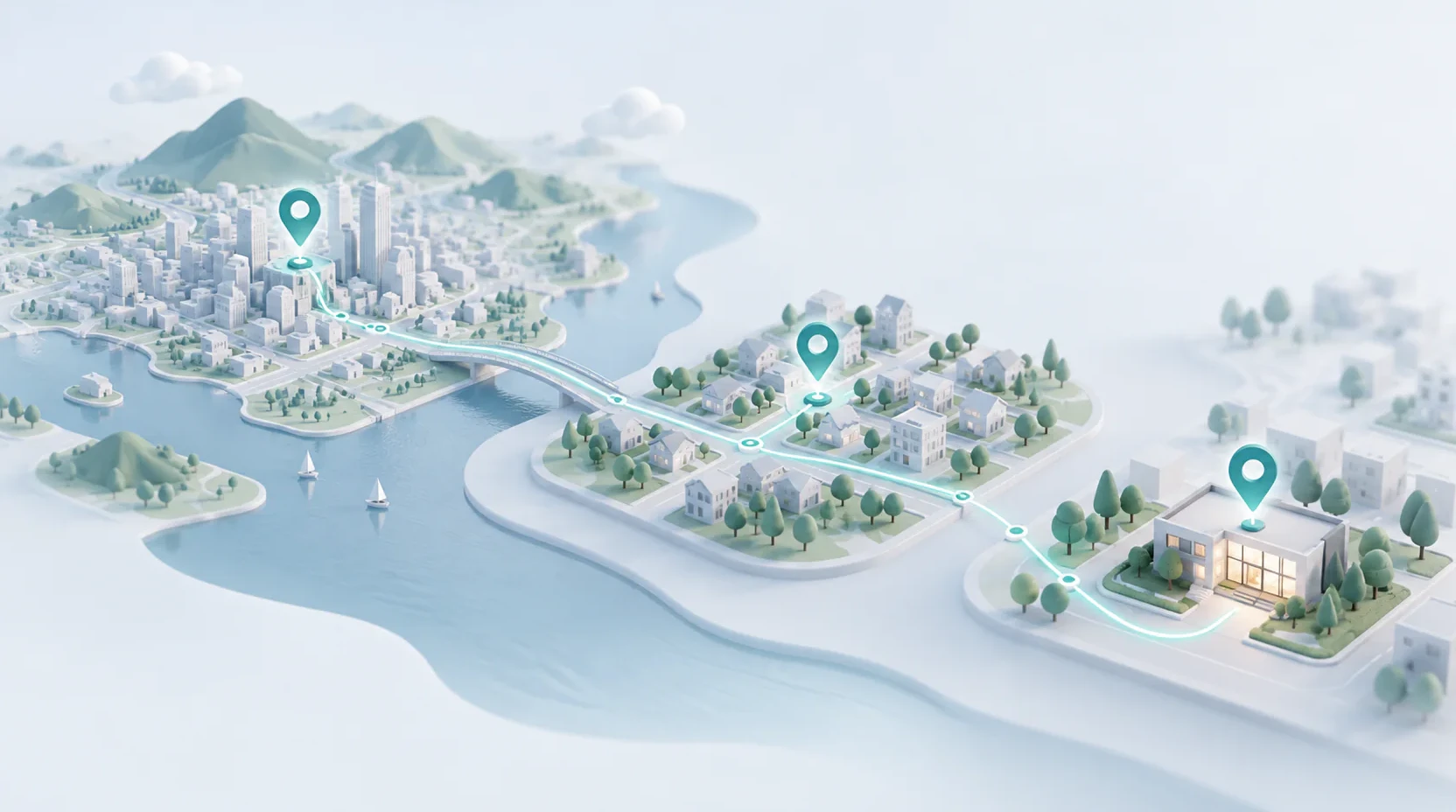 Ilustración conceptual de un territorio, un barrio y un lugar específico conectados como tres escalas de orientación.