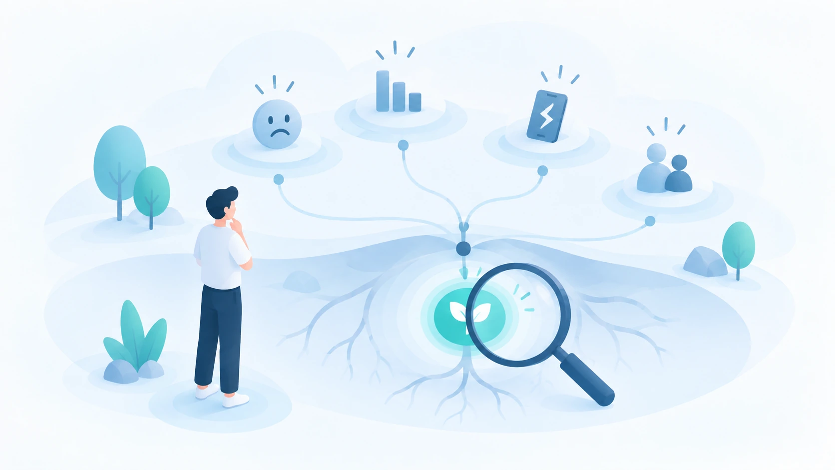 Diferencia entre síntoma, investigación, causa subyacente y problema real a resolver.