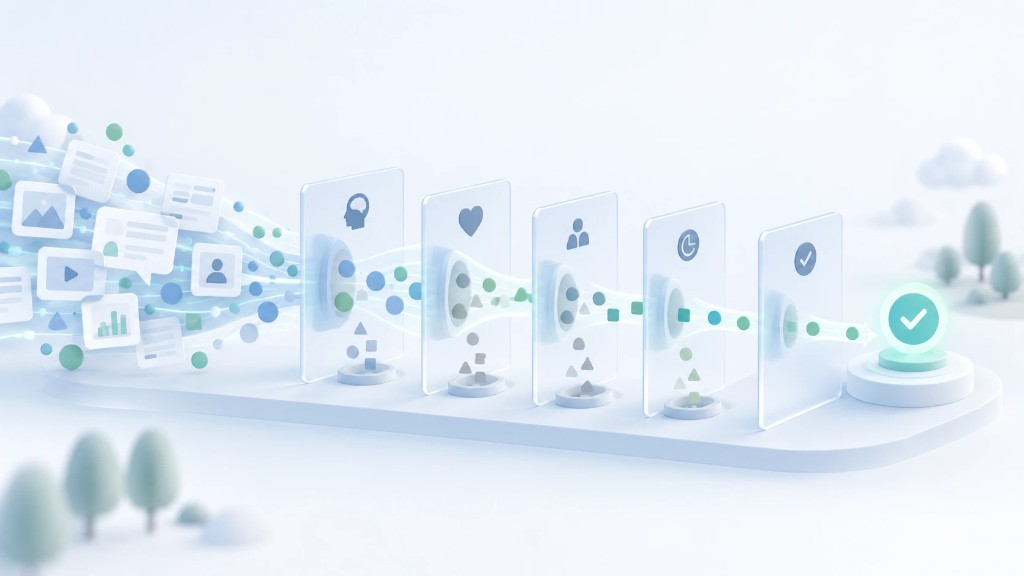Ilustración de información dispersa que atraviesa varios filtros cognitivos —intuición, preferencias, identidad, tiempo y verificación— hasta convertirse en una decisión.