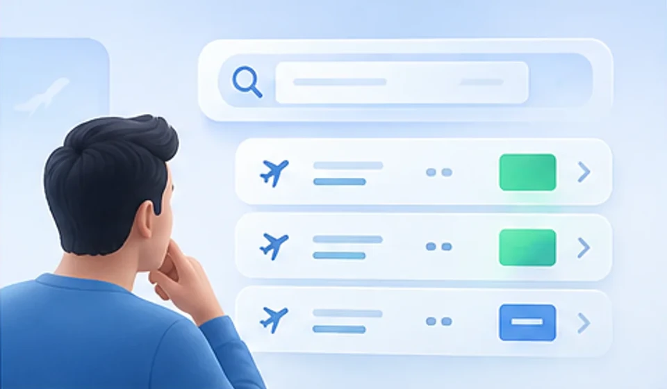 Ilustración de un pasajero eligiendo entre varias opciones de vuelo en una interfaz de búsqueda.