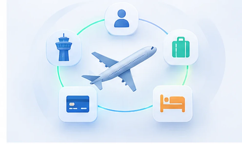 Ilustración de un vuelo rodeado de servicios asociados: pasajero, aeropuerto, equipaje, pago y hospedaje.