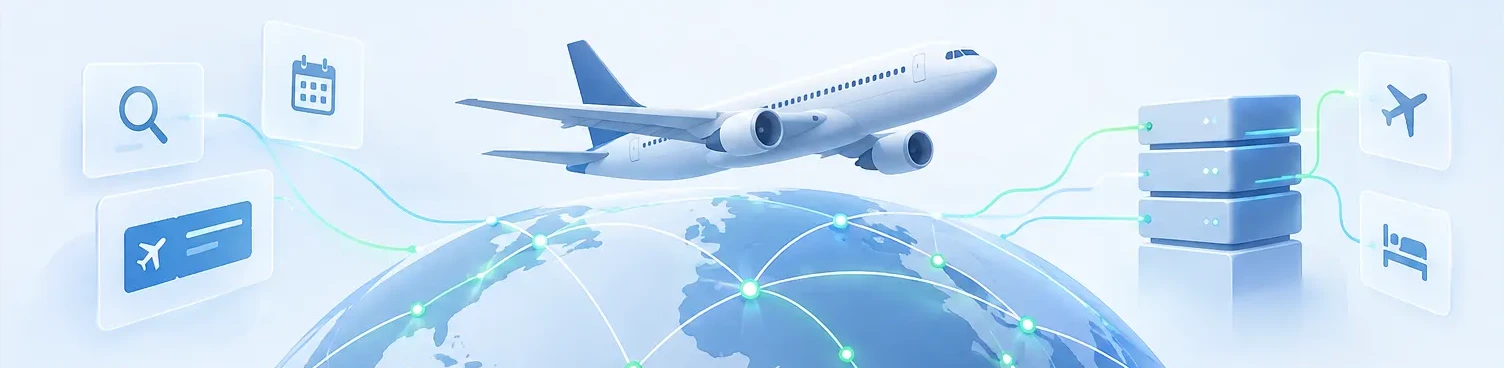 Ilustración conceptual de un vuelo sobre una red global conectada con servidores, búsqueda, reservas y servicios asociados.