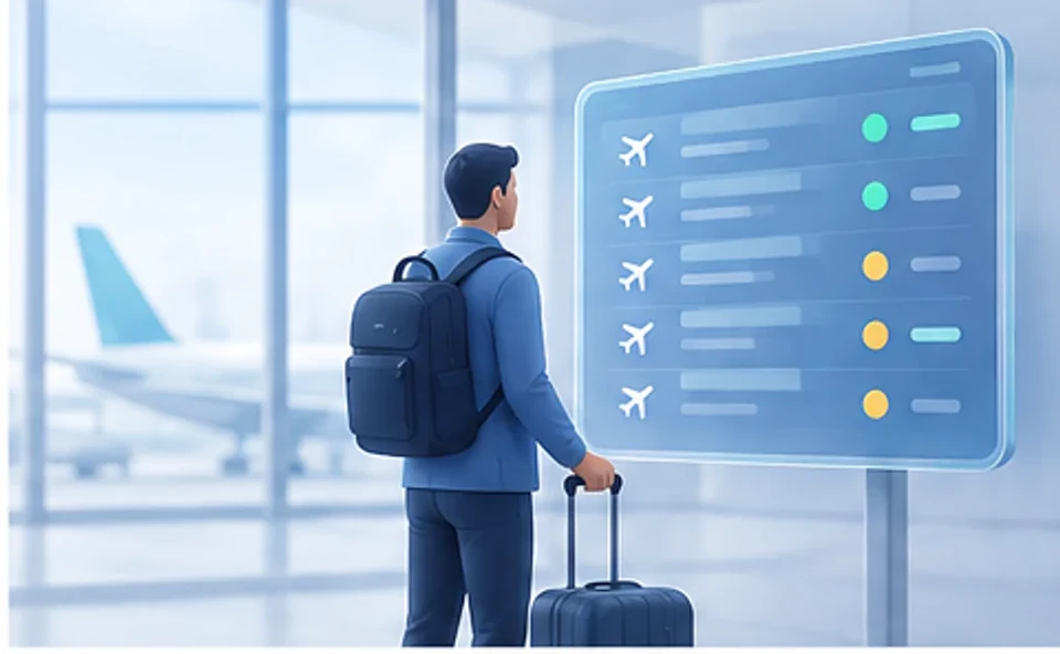 Ilustración de un pasajero consultando un tablero de salidas en el aeropuerto.