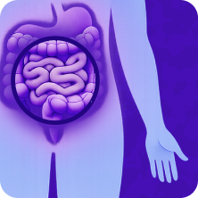 Diagram of the digestive system comparing healthy small intestine villi with those damaged by celiac disease