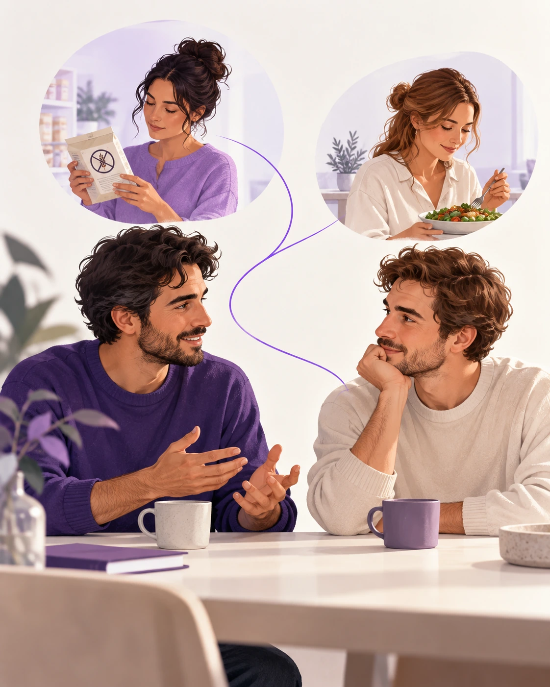 Dos amigos conversan. Cada uno piensa en su pareja: una revisa un envase sin gluten y la otra come.