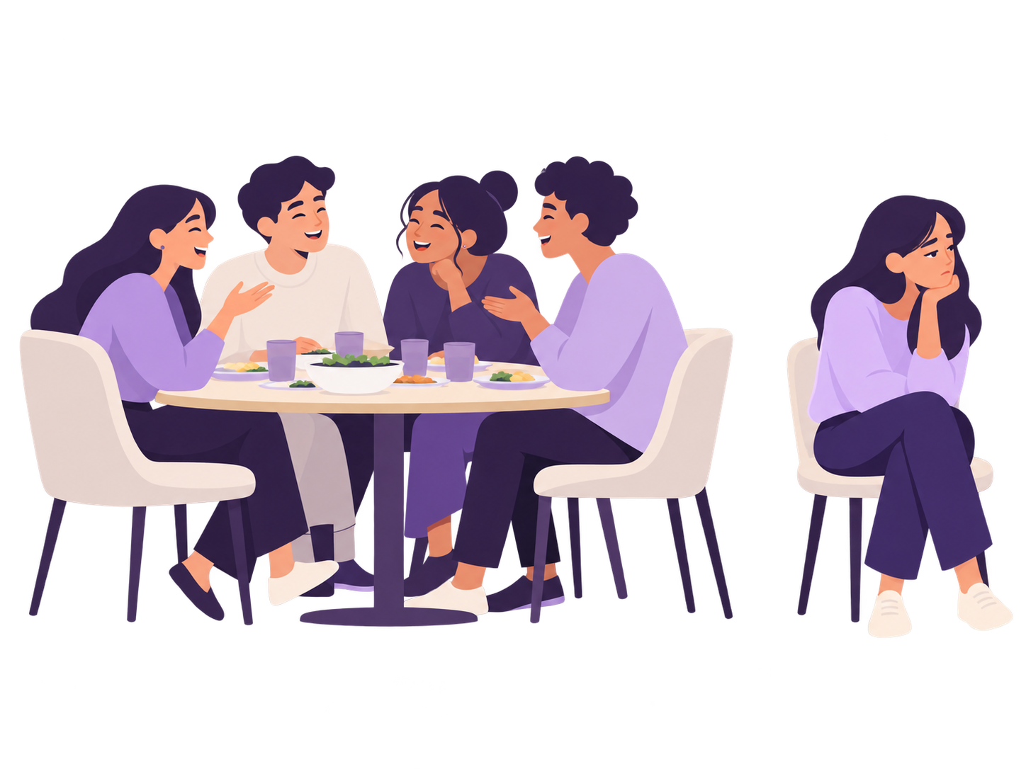 Un grupo come junto en una mesa. Una persona permanece sentada aparte.
