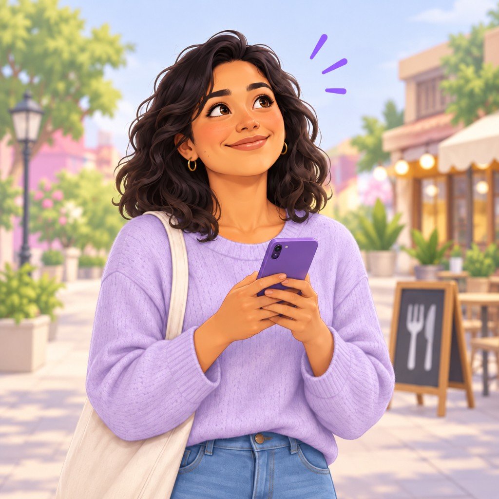 Diana sonríe con una idea mientras sostiene el celular, frente a un café