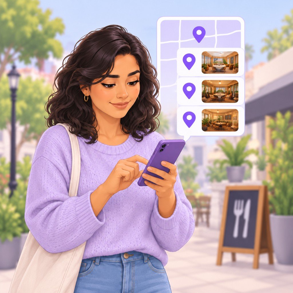 Diana busca restaurantes en el celular, con un mapa y fotos de locales
