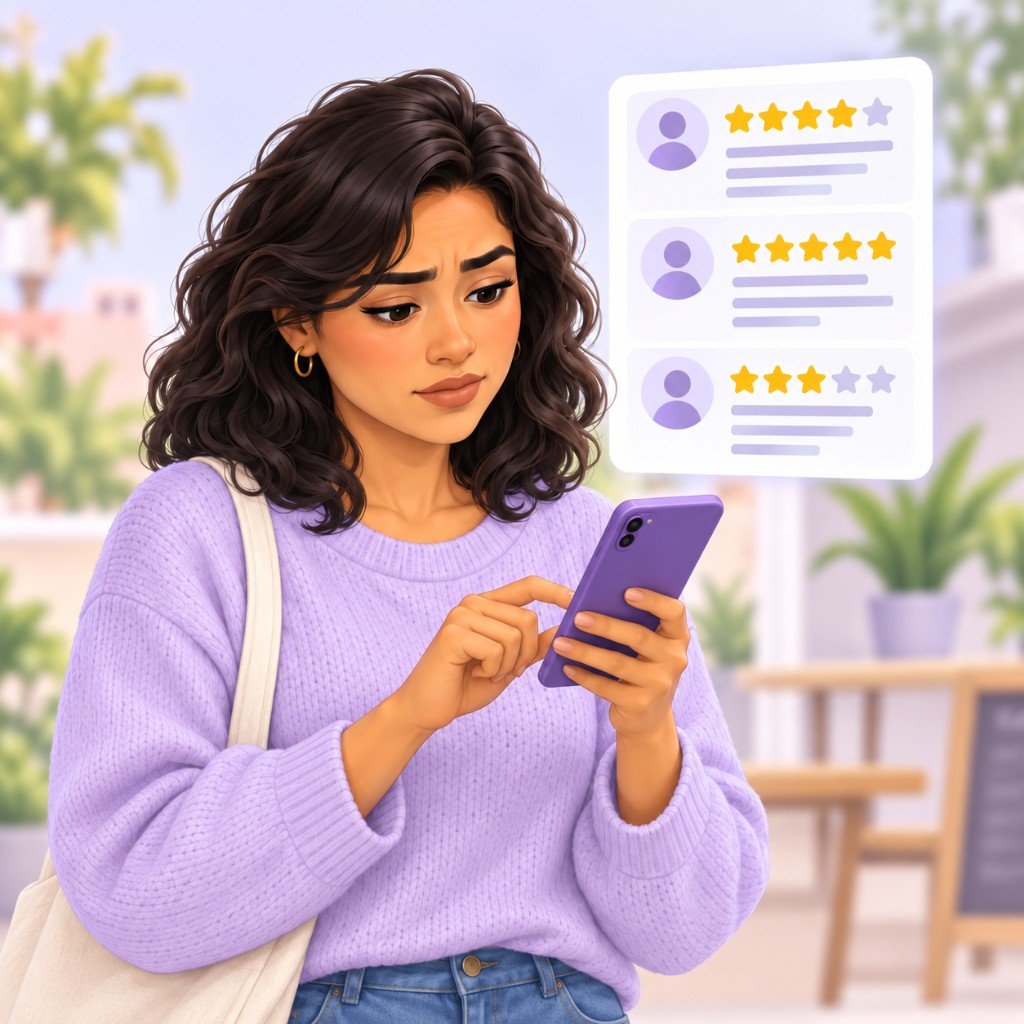 Diana mira reseñas mixtas de un restaurante en el celular