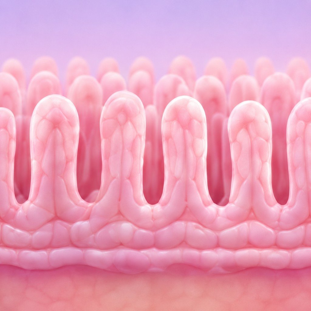 Vellosidades intestinales sanas, con forma de dedos que absorben nutrientes