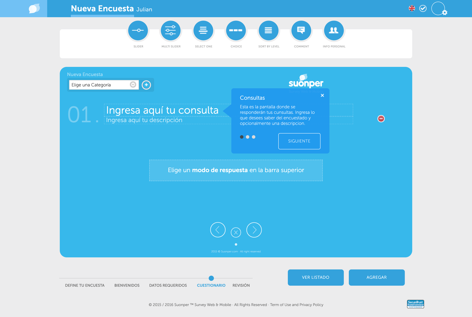 Editor de cuestionario de Suonper con tooltip de onboarding sobre consultas.