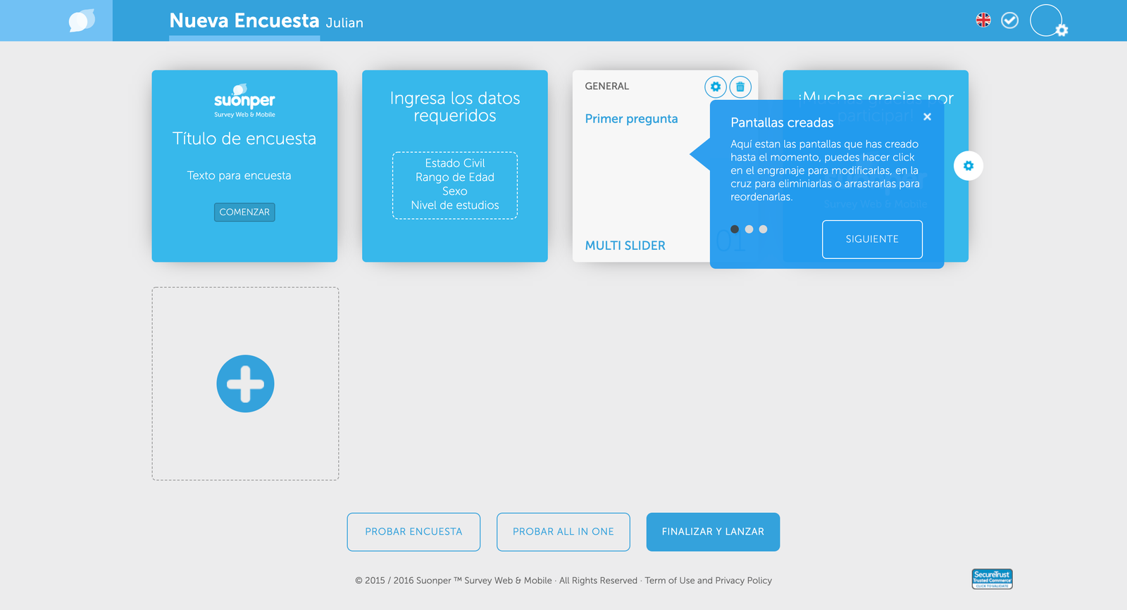 Revisión de pantallas de una encuesta en Suonper, con onboarding contextual.