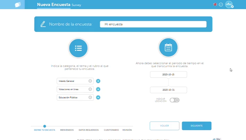 Pantalla Define tu encuesta en Suonper: nombre, categoría y fechas.
